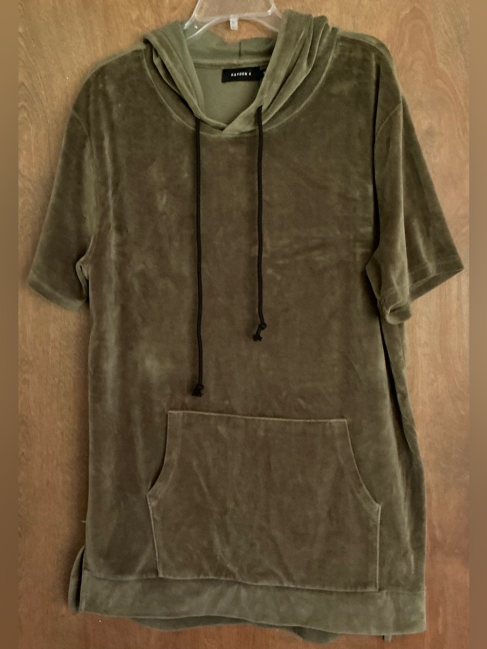 Kayden K (KDNK) Olive Green Velour Hoodie,Tunic,Dress Short Sleeve Pocket XL